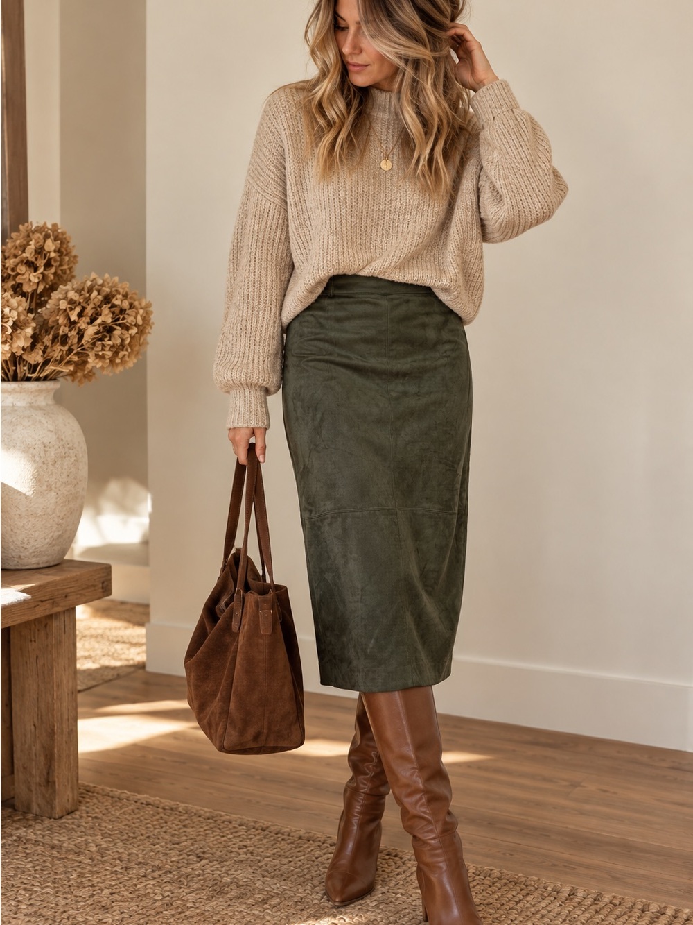 RW&CO. Olive Green Faux Suede Midi Skirt NWT